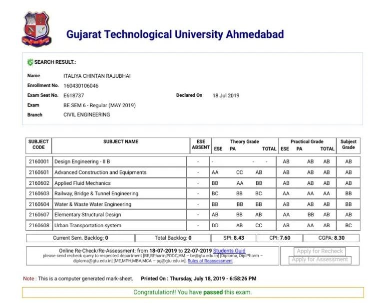 Sample GTU Marksheet gtu result
